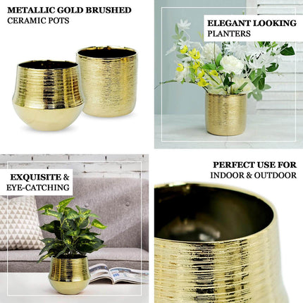 AliKopy 2-Pack Textured Metallic Gold Flower Pots - 6" Ceramic Planter