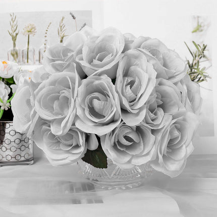 AliKopy 12" Silver Velvet-Like Fabric Rose Bouquet - Realistic & Durab