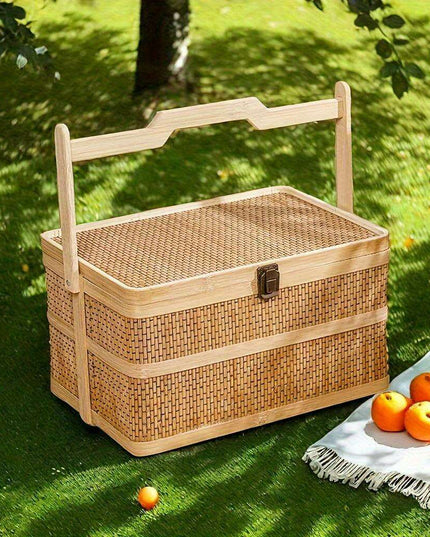 Eco-Friendly Handwoven Bamboo Basket for Picnics and Storage - 12.99" x 7.09" x 5.12"