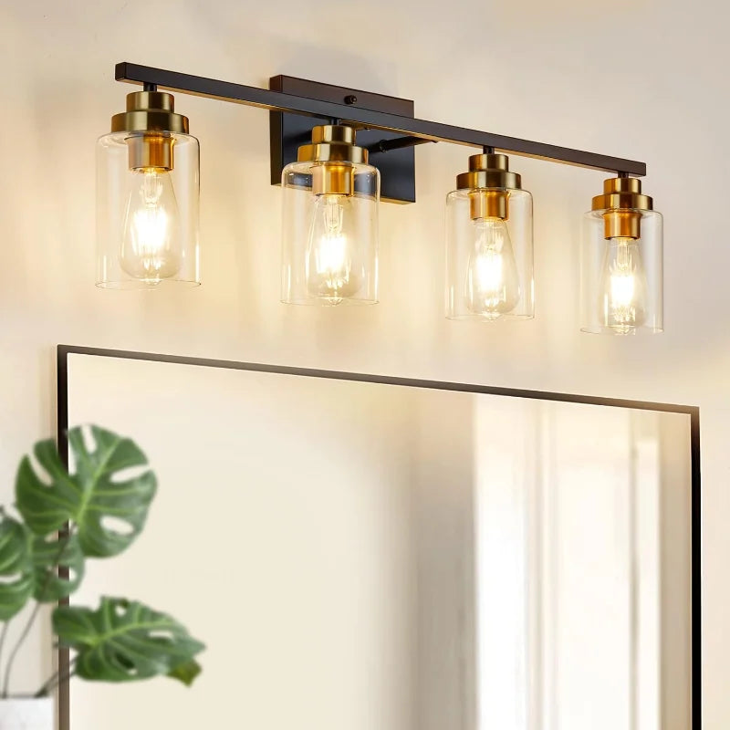 BEHIYA 4-Lights Vanity Lights, Bathroom Light Fixtures Over Mirror Modern Matte Black and Gold Brushed Brass with Clear Glass
