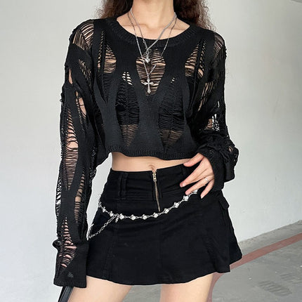 Peekaboo Studio Ripped Dark Hollow Long Sleeve - Stylish & Comfortable
