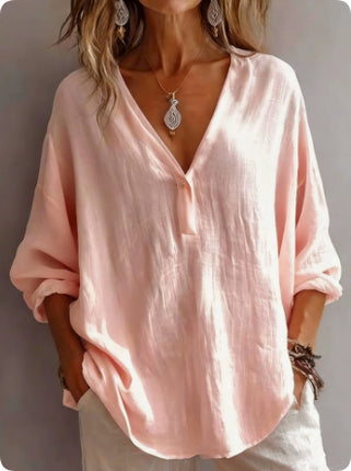 Women's Casual Long-Sleeved Lapel Pullover Shirt — Loose Fit, 3/4 Sleeve