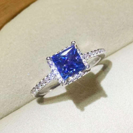 Stunning Lab Grown Sapphire & Blue Diamond Sterling Silver Ring Set - Modern Square Design