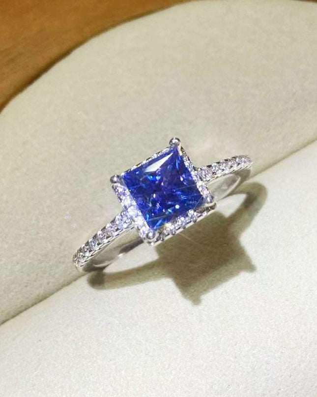 Stunning Lab Grown Sapphire & Blue Diamond Sterling Silver Ring Set - Modern Square Design