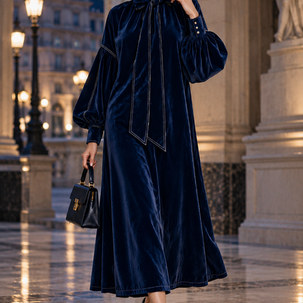 Peekaboo Studio High-Neck Velvet Dress with Bow & Elegant Design