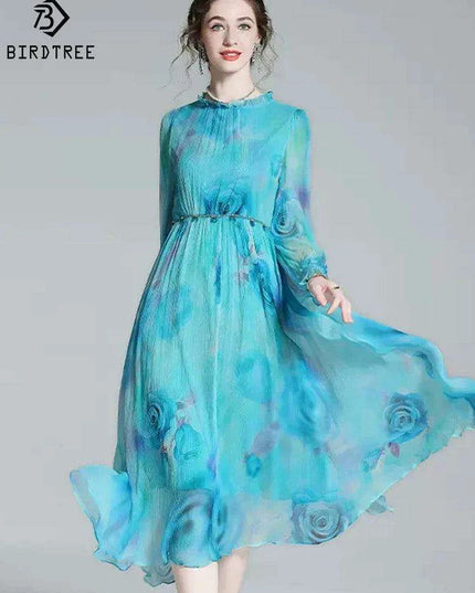 French Silk Flare Sleeve Dress with Floral A-line Skirt - Elegant Mulberry Silk Dress