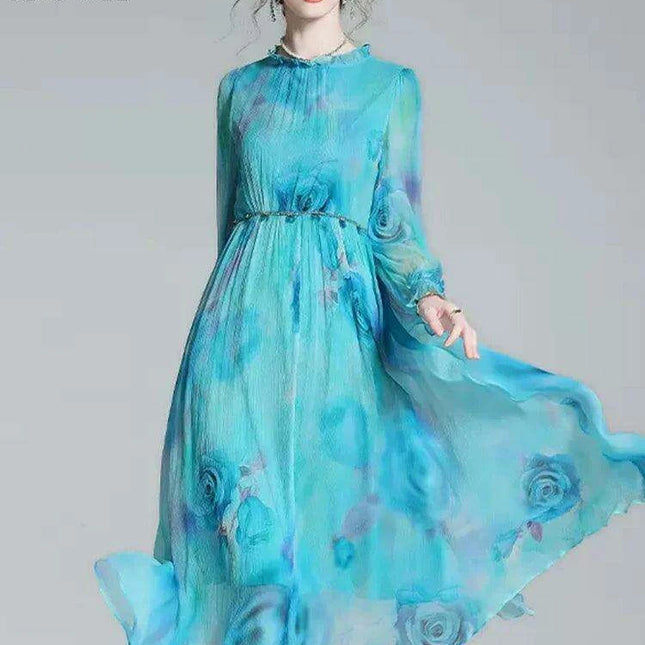 French Silk Flare Sleeve Dress with Floral A-line Skirt - Elegant Mulberry Silk Dress