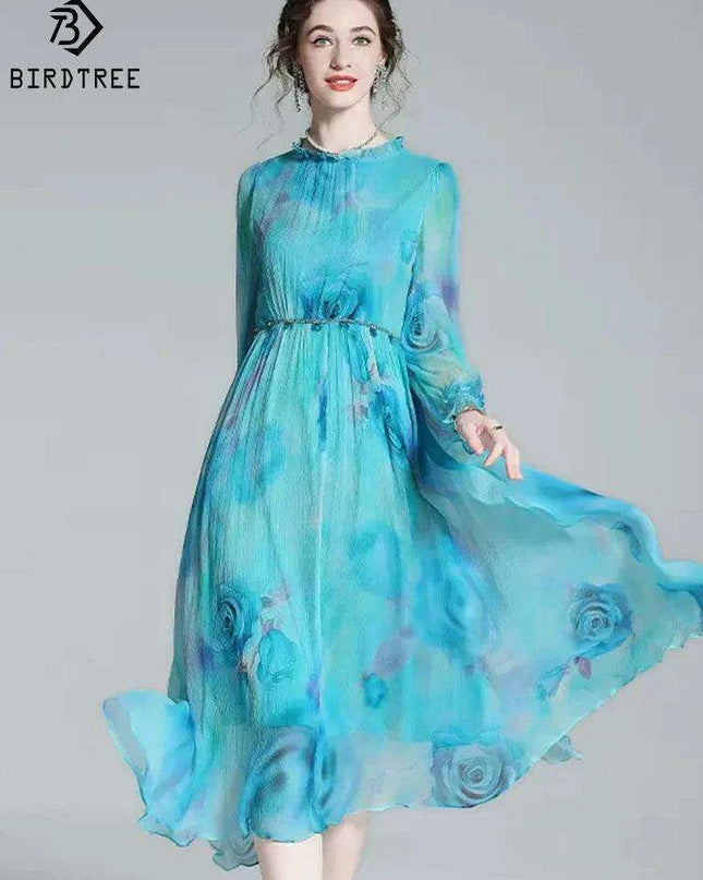 French Silk Flare Sleeve Dress with Floral A-line Skirt - Elegant Mulberry Silk Dress