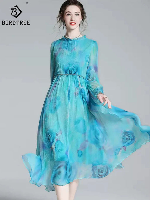 Elegant French Silk Dress with Flared Sleeves and Floral A-line Skirt