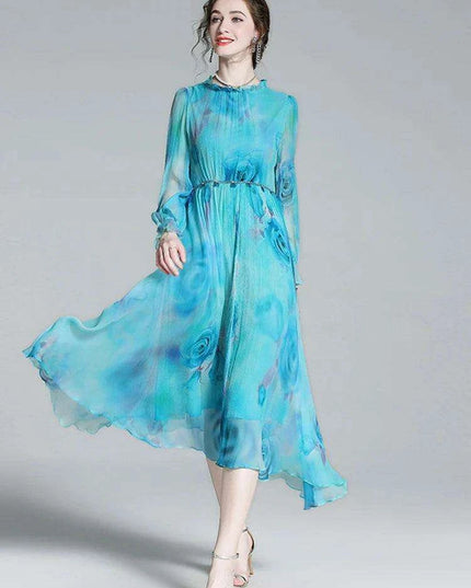 French Silk Flare Sleeve Dress with Floral A-line Skirt - Elegant Mulberry Silk Dress