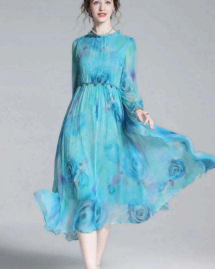 French Silk Flare Sleeve Dress with Floral A-line Skirt - Elegant Mulberry Silk Dress