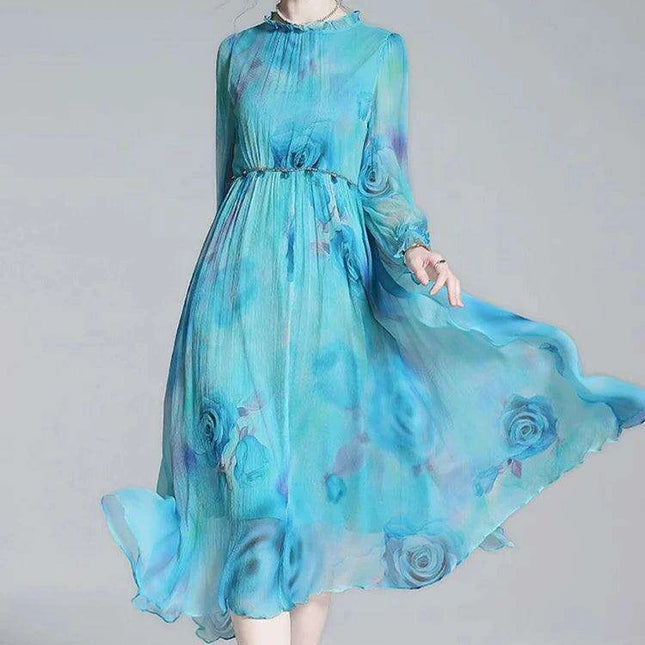 French Silk Flare Sleeve Dress with Floral A-line Skirt - Elegant Mulberry Silk Dress