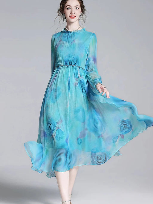 Elegant French Silk Dress with Flared Sleeves and Floral A-line Skirt