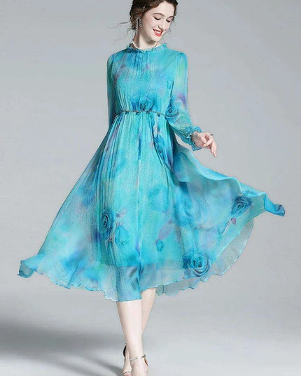 French Silk Flare Sleeve Dress with Floral A-line Skirt - Elegant Mulberry Silk Dress