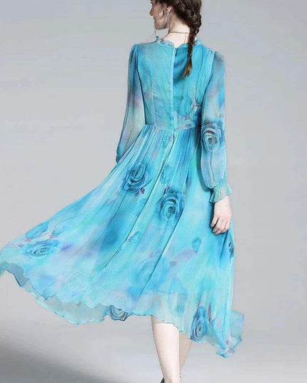 French Silk Flare Sleeve Dress with Floral A-line Skirt - Elegant Mulberry Silk Dress