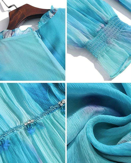 French Silk Flare Sleeve Dress with Floral A-line Skirt - Elegant Mulberry Silk Dress