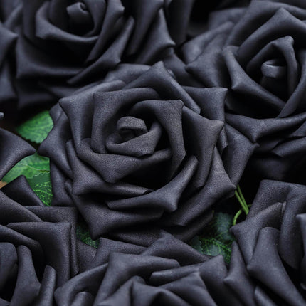 AliKopy 24 Black Foam Roses - 5" with Stem Wire & Realistic Leaves