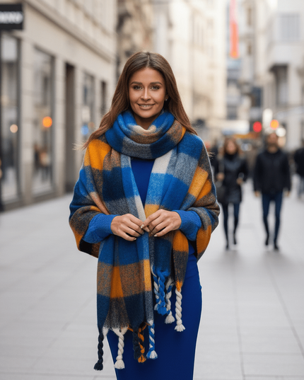 Cozy Colorful Plaid Shawl with Elegant Tassels
