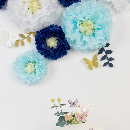 AliKopy 21-Piece Tissue Paper Flower Decor Kit - White & Blue, 3D Desi