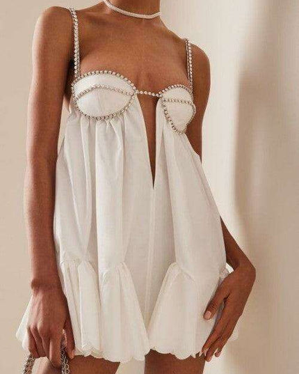 Chic Diamond-Embellished Suspender Swing Dress - Fashionably Elegant