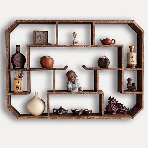 Minimalist Chinese Tea Pot Display Shelf for Wall Mount Solid Wood Storage Rack