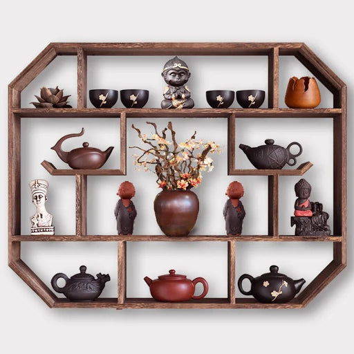 Chinese Tea Pot Wall Display Shelf - Elegant Solid Wood Storage Organizer