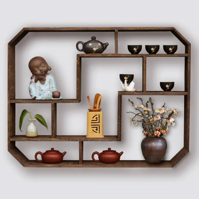 Minimalist Chinese Tea Pot Display Shelf for Wall Mount Solid Wood Storage Rack