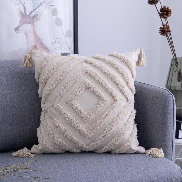 Bohemian Embroidered Linen Cushion Cover with Zipper and Tassel Accents