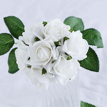 AliKopy 24 White Foam Roses - Realistic Look with Stem Wire & Leaves
