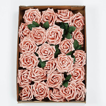 AliKopy 24 Dusty Rose Foam Flowers - 5" with Stem Wire & Leaves