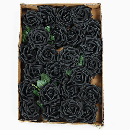 AliKopy 24 Black Foam Roses - 5" with Stem Wire & Realistic Leaves
