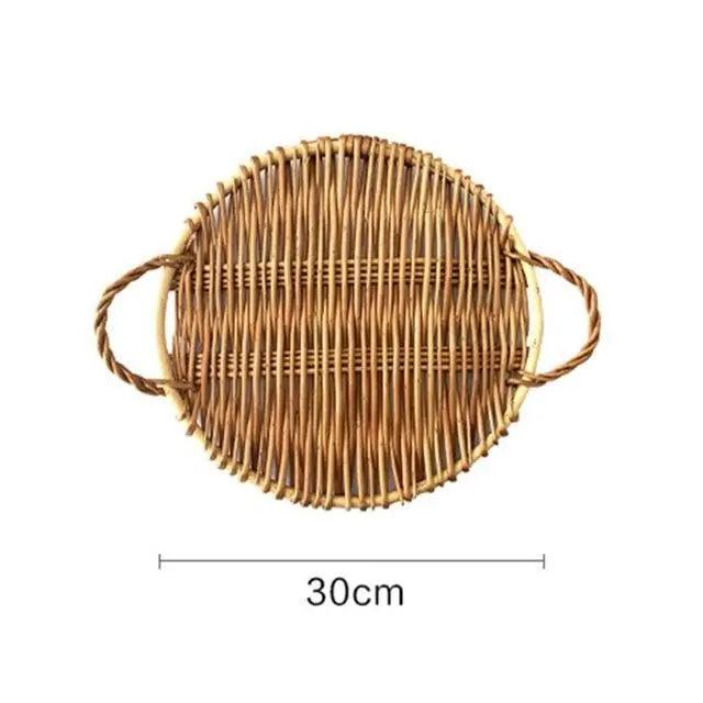 Round Handwoven Rattan Tray with Sturdy Handle