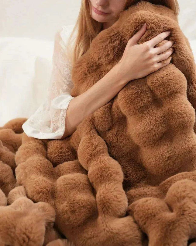 Brown Faux Rabbit Fur Cozy Throw Blanket - Luxuriously Soft 60'' X 80'' Plush Blanket