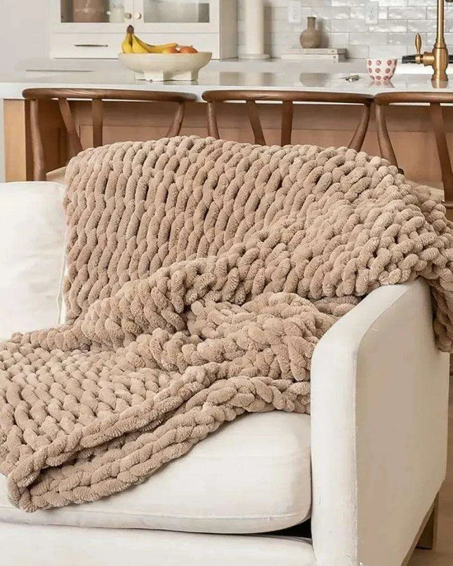 Brown Boho Chunky Vegan Chenille Knit Throw Blanket - Cozy Polyester Blend