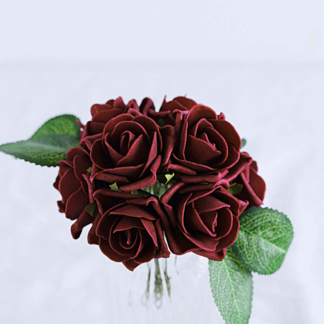 AliKopy 24 Burgundy Foam Roses with Wire Stem and Leaves - Realistic D