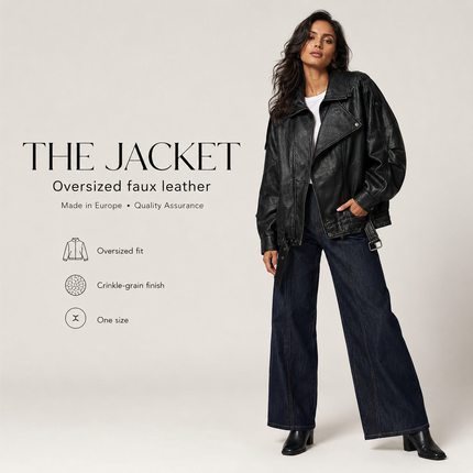 Oversized Faux Leather Jacket — High Collar, Full Zip & Adjustable Belt Coats & Jackets jacket-57 Clothing > Women's Clothing > Outerwear > Jackets & Coats > Faux Leather Jackets