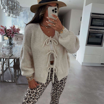 2024 Casual Knitted Bow Lace Up Cardigan Women Solid O-neck Short Sleeve Hollow Out Sweater Female Autumn Lady Solid Streetwear