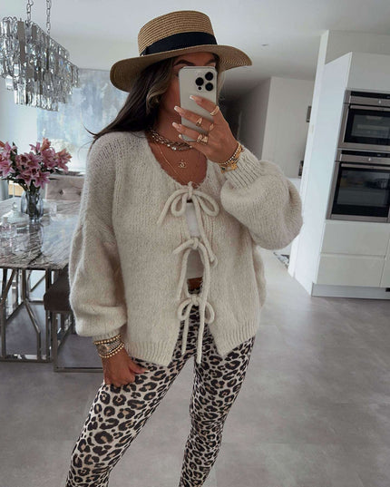 2024 Casual Knitted Bow Lace Up Cardigan Women Solid O-neck Short Sleeve Hollow Out Sweater Female Autumn Lady Solid Streetwear