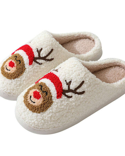 Christmas Home Slippers Cute Cartoon Santa Claus Cotton Slippers For Women And Men Couples Winter Warm Furry Shoes