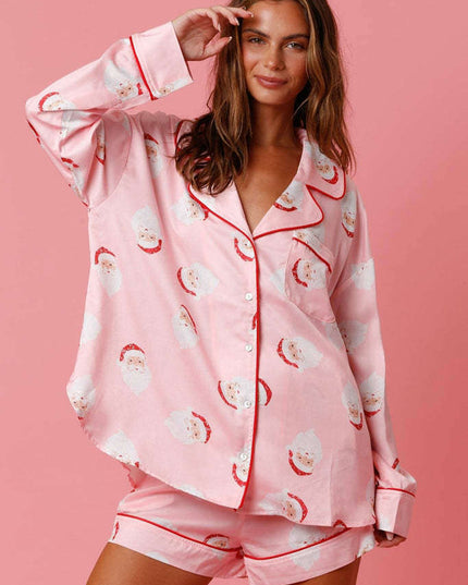 Satin Printed Santa Claus Two-piece Suit Home