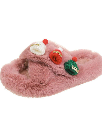 Christmas Hat Fluffy Slippers Women's Warm Toe Covering Cotton Slippers