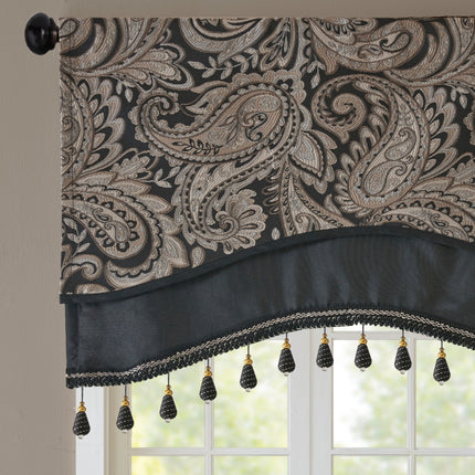 Room & Decor Jacquard Rod Pocket Valance with Beads, Black 50x18