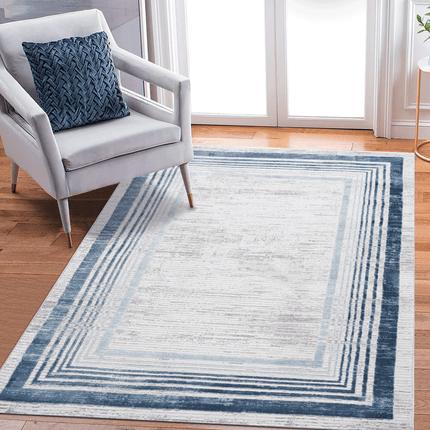 Room & Decor Blue Ivory Bordered Area Rug - Non-Shedding & Stain Resis