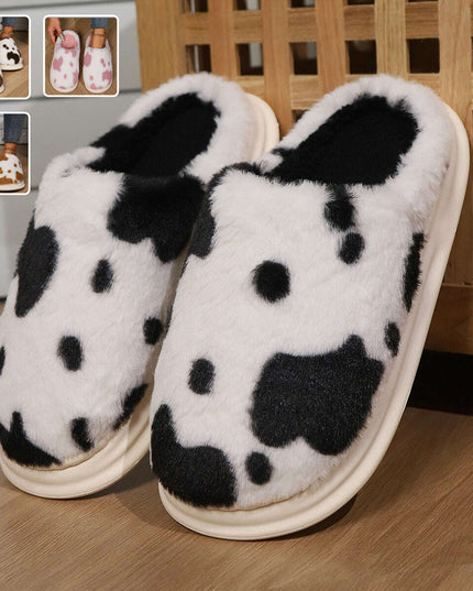 Adorable Cow Print Plush Slippers for Couples - Cozy Non-Slip Fuzzy House Shoes for Winter