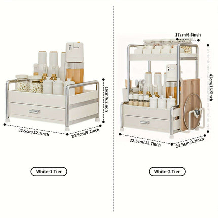 Elegant Milk White Stainless Steel Spice Organizer with Drawers, Chopping Board, and Utensil Holder for Home and Commercial Kitchens