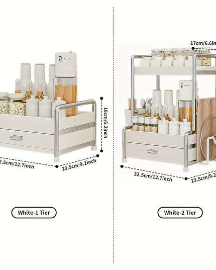 Elegant Milk White Stainless Steel Spice Organizer with Drawers, Chopping Board, and Utensil Holder for Home and Commercial Kitchens