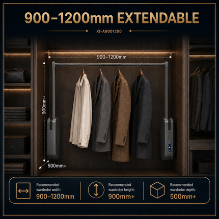 Intelligent Touch, Sensor & Voice Control Electric Wardrobe Lift — Aluminum, 15kg, Extendable 600–900mm / 900–1200mm