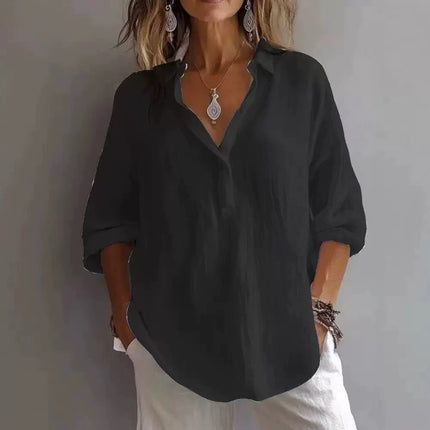 Women's Casual Long-Sleeved Lapel Pullover Shirt — Loose Fit, 3/4 Sleeve