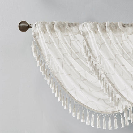 Room & Decor Diamond Sheer Embroidered Waterfall Valance, 38x46", Whit