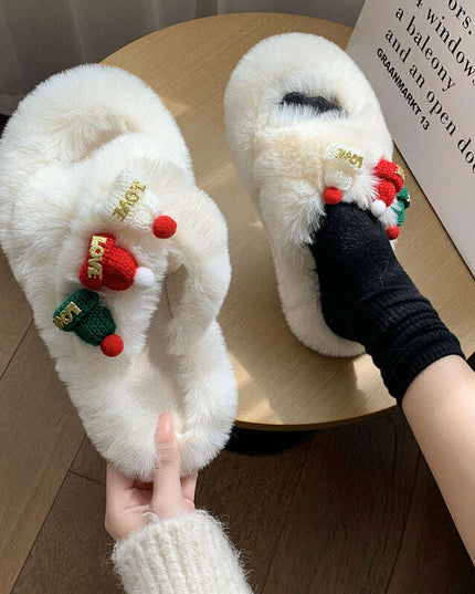 Christmas Hat Fluffy Slippers Women's Warm Toe Covering Cotton Slippers